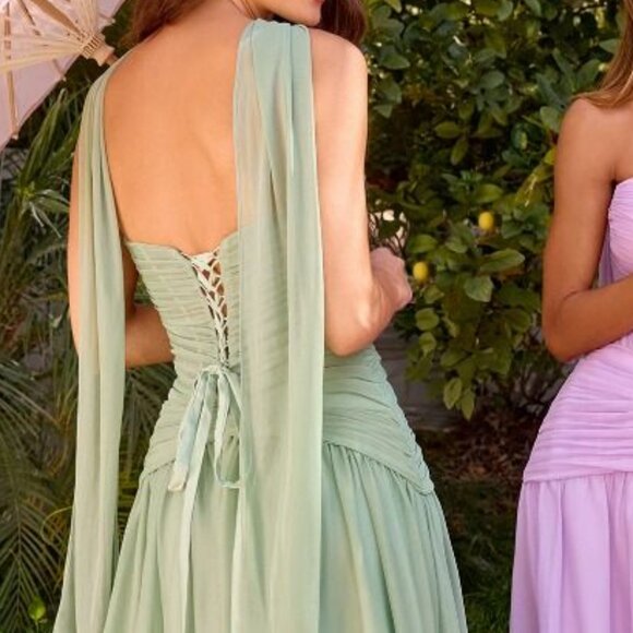 New Strapless Lavender Bridesmaid Dress w/ Pleated Draping & Corset Bodice CD395 - Picture 6 of 10